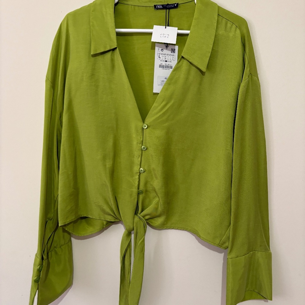 Zara Avocado Tie Front Collared Top